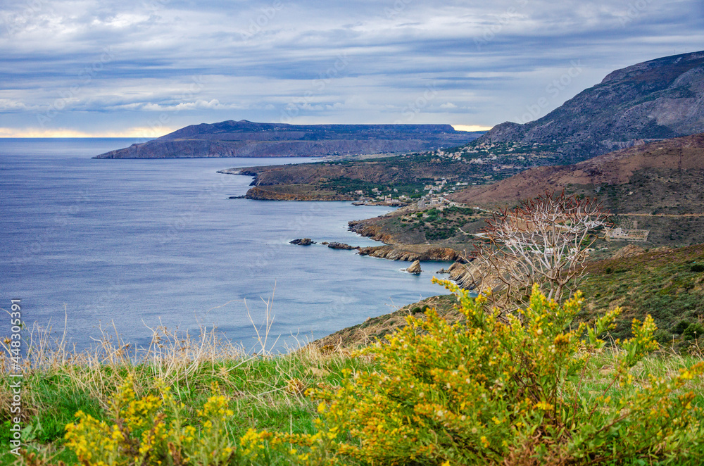 Spectacular seaside view from the famous Vathia village in the Laconian Mani peninsula. Laconia prefecture, Peloponnese, Greece, Europe.