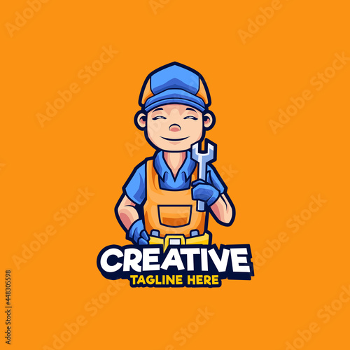 Mechanic holding wrench logo design mascot illustration