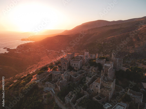 Aerial view of Vathia village against a Dramatic sunset sky. Vathia, Mani, Laconia, Peloponnese, Greece photo