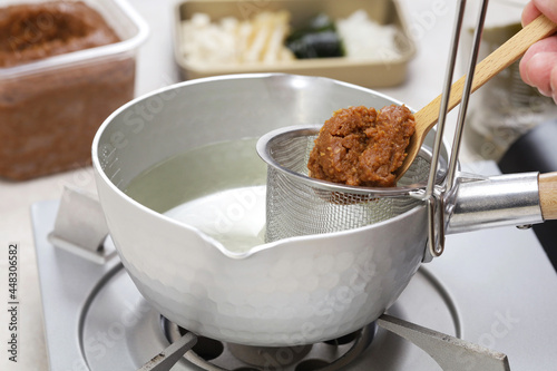 Obraz na plátně How to make miso soup. Add miso paste