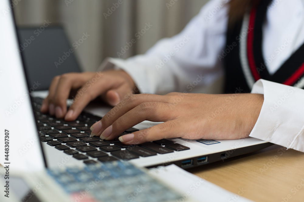 Hands closeup working with computer laptop, unrecognizable person typing. Conceptual business, home office horizontal shot. Hands closeup working with computer laptop, unrecognizable person typing. Conceptual business, home office horizontal shot.
