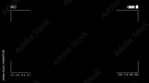 Rec or recording video Screen Animation. Camera rec viewfinder with digital focus and exposure settings. 4K camera video viewfinder. Green screen. Camcorder Camera Overlay Background.