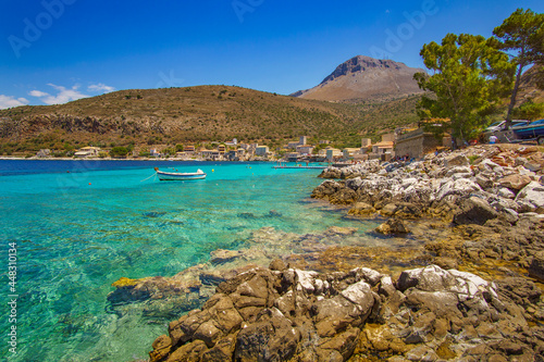 Scenic view from the picturesque seaside village Limeni. Traditional houses and colorful stoned buildings in Limeni, Mani area, Laconia, Greece