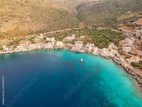 Fototapeta Naklejka Na Ścianę i Meble -  Iconic aerial view over the picturesque seaside Limeni village in Mani area, Laconia, Greece