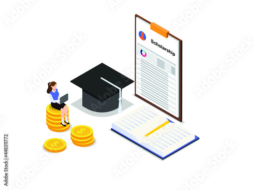 Student on laptop applying for a scholarship isometric 3d vector concept for banner, website, illustration, landing page, flyer, etc.