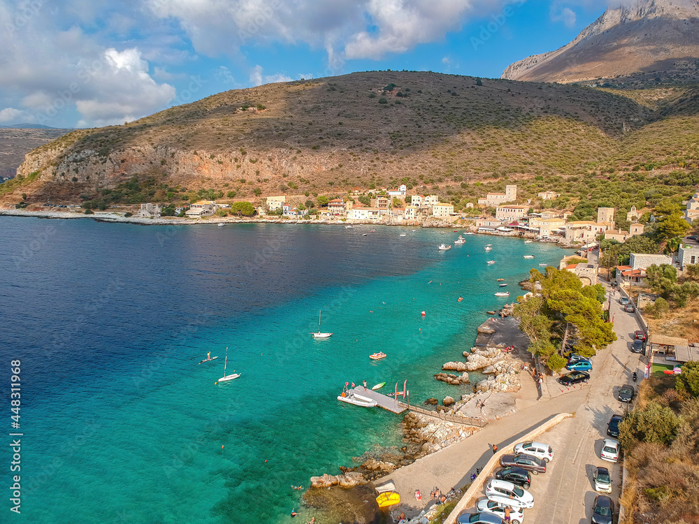Naklejka premium Iconic aerial view over the picturesque seaside Limeni village in Mani area, Laconia, Greece