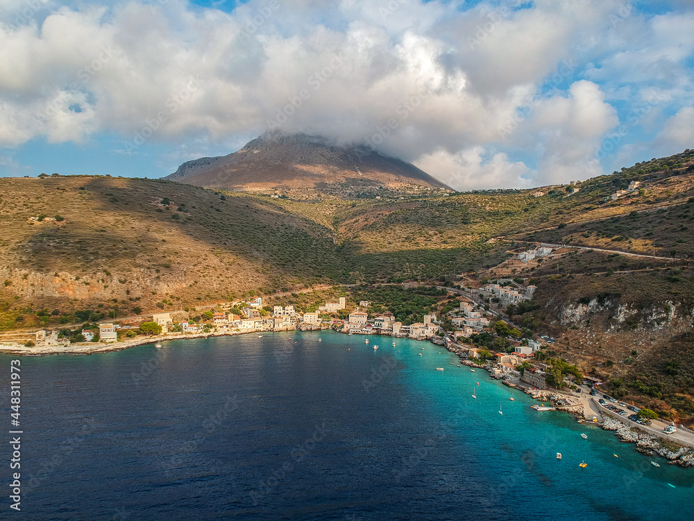 Obraz premium Iconic aerial view over the picturesque seaside Limeni village in Mani area, Laconia, Greece