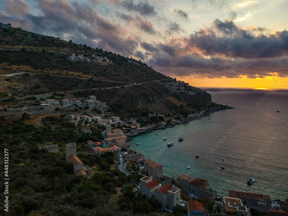Obraz premium Iconic aerial view over the picturesque seaside Limeni village in Mani area, Laconia, Greece