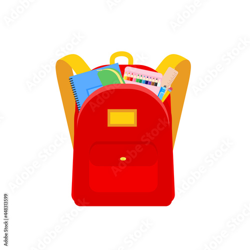 classroom school supplies stationery, pencil case, pen, pile of books, photorealistic literature,notebook, notebook textbook,school bag,Palettes and brushes in art,colored pencils. vector illustration