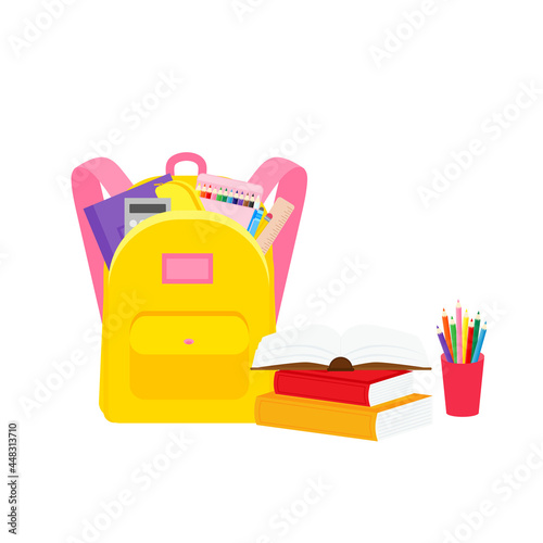 classroom school supplies stationery, pencil case, pen, pile of books, photorealistic literature,notebook, notebook textbook,school bag,Palettes and brushes in art,colored pencils. vector illustration