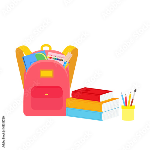 classroom school supplies stationery, pencil case, pen, pile of books, photorealistic literature,notebook, notebook textbook,school bag,Palettes and brushes in art,colored pencils. vector illustration