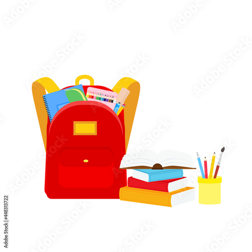 classroom school supplies stationery, pencil case, pen, pile of books, photorealistic literature,notebook, notebook textbook,school bag,Palettes and brushes in art,colored pencils. vector illustration