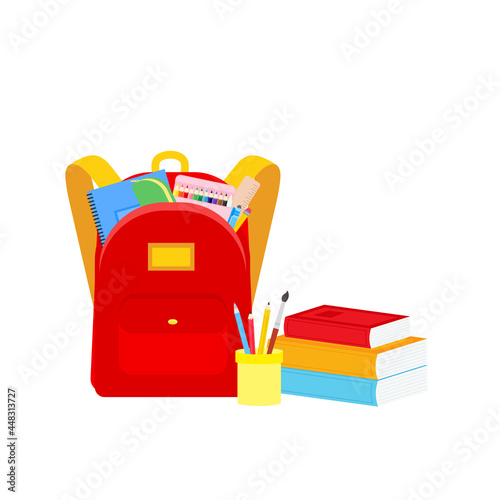 classroom school supplies stationery, pencil case, pen, pile of books, photorealistic literature,notebook, notebook textbook,school bag,Palettes and brushes in art,colored pencils. vector illustration
