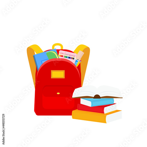classroom school supplies stationery, pencil case, pen, pile of books, photorealistic literature,notebook, notebook textbook,school bag,Palettes and brushes in art,colored pencils. vector illustration