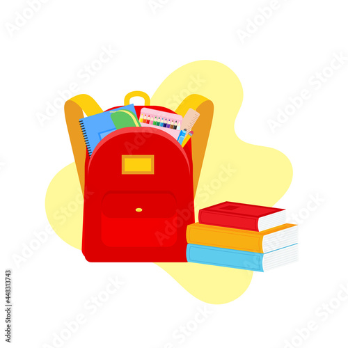 classroom school supplies stationery, pencil case, pen, pile of books, photorealistic literature,notebook, notebook textbook,school bag,Palettes and brushes in art,colored pencils. vector illustration