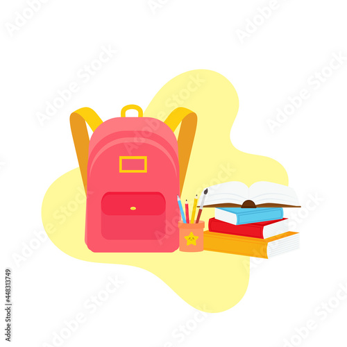 classroom school supplies stationery, pencil case, pen, pile of books, photorealistic literature,notebook, notebook textbook,school bag,Palettes and brushes in art,colored pencils. vector illustration