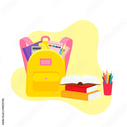 classroom school supplies stationery, pencil case, pen, pile of books, photorealistic literature,notebook, notebook textbook,school bag,Palettes and brushes in art,colored pencils. vector illustration