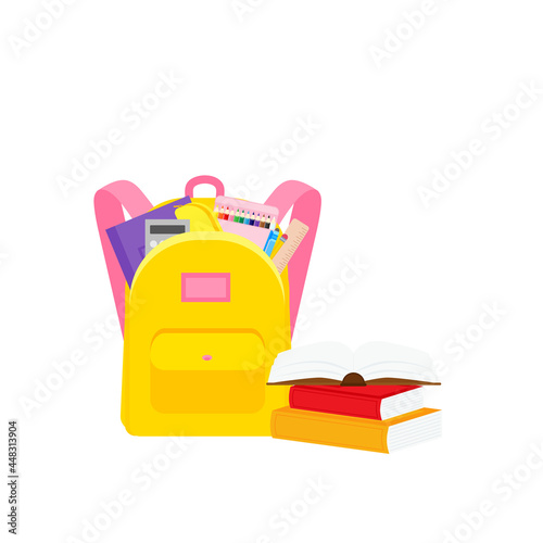 classroom school supplies stationery, pencil case, pen, pile of books, photorealistic literature,notebook, notebook textbook,school bag,Palettes and brushes in art,colored pencils. vector illustration