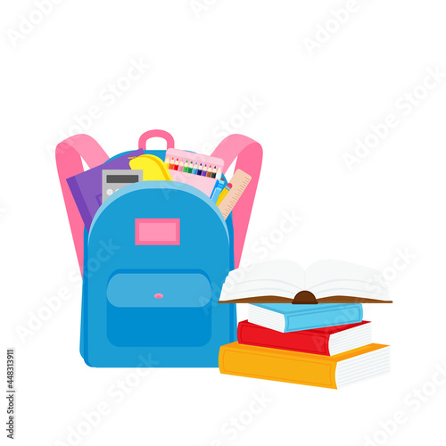 classroom school supplies stationery, pencil case, pen, pile of books, photorealistic literature,notebook, notebook textbook,school bag,Palettes and brushes in art,colored pencils. vector illustration