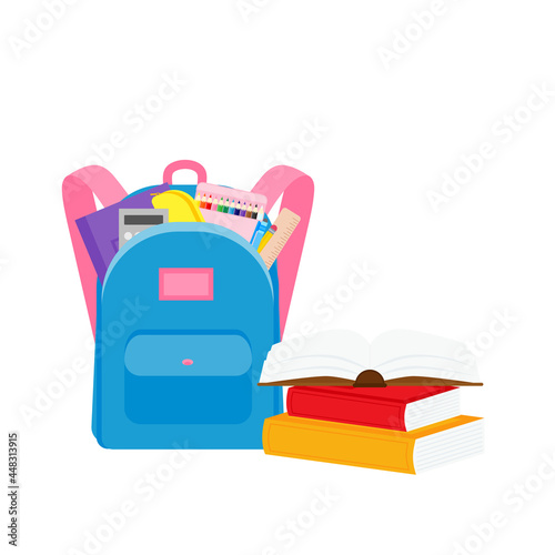 classroom school supplies stationery, pencil case, pen, pile of books, photorealistic literature,notebook, notebook textbook,school bag,Palettes and brushes in art,colored pencils. vector illustration