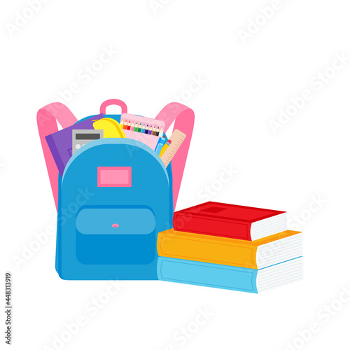 classroom school supplies stationery, pencil case, pen, pile of books, photorealistic literature,notebook, notebook textbook,school bag,Palettes and brushes in art,colored pencils. vector illustration