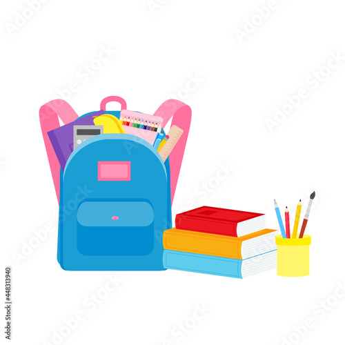classroom school supplies stationery, pencil case, pen, pile of books, photorealistic literature,notebook, notebook textbook,school bag,Palettes and brushes in art,colored pencils. vector illustration