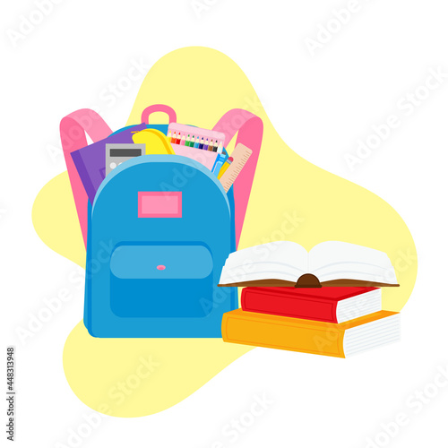 classroom school supplies stationery, pencil case, pen, pile of books, photorealistic literature,notebook, notebook textbook,school bag,Palettes and brushes in art,colored pencils. vector illustration