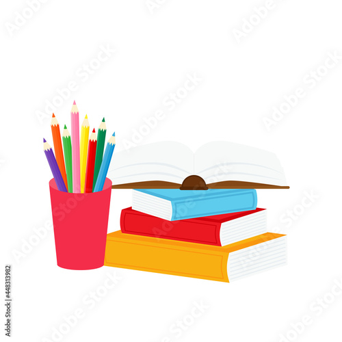 classroom school supplies stationery, pencil case, pen, pile of books, photorealistic literature,notebook, notebook textbook,school bag,Palettes and brushes in art,colored pencils. vector illustration