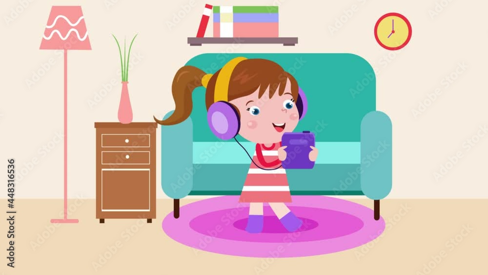 Little girl using headphone and tablet at home Little girl using headphone and tablet at home