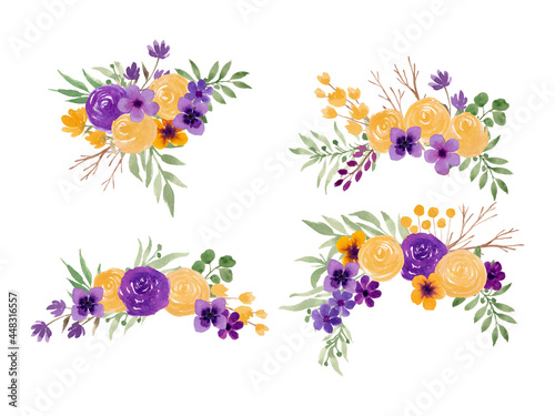 purple and yellow watercolor flower arrangement separated vector set