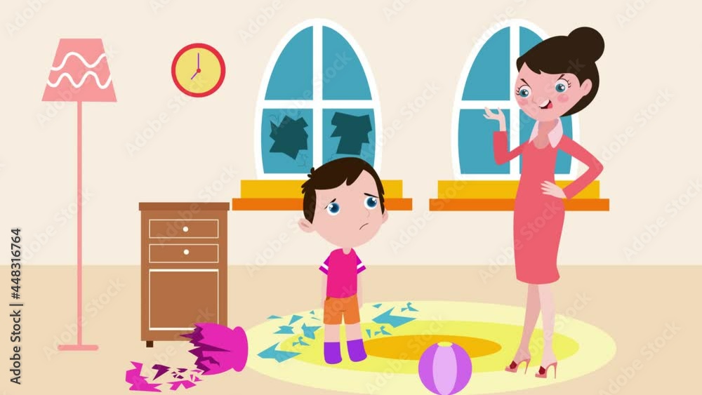 Woman scolding son for breaking vase and window Woman scolding son for breaking vase and window