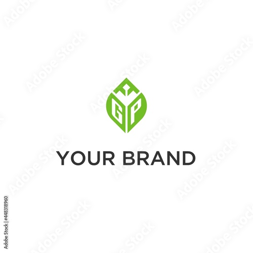 GP monogram with leaf logo design ideas, creative initial letter logo with natural green leaves