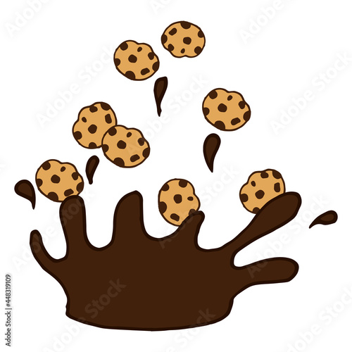 splashing chocolate illustration with cookies on white background. cookie with choco chips. sweet dessert, dark chocolate spatter. hand drawn vector. doodle art for wallpaper, poster, banner, logo,ads