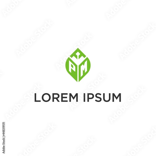 PM monogram with leaf logo design ideas, creative initial letter logo with natural green leaves