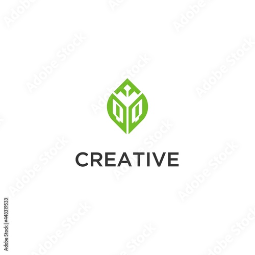 QQ monogram with leaf logo design ideas, creative initial letter logo with natural green leaves