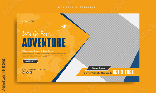 Travel and tourism business marketing web banner template design. Summer holiday beach tour and travelling social media post with logo, icon. Tourism promotion flyer with abstract graphic background. 