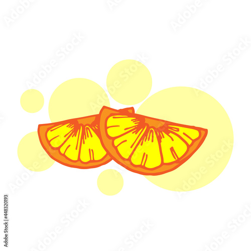 two pieces of orange fruit illustration with yellow color circle on white background. hand drawn vector. fresh fruit. summer time. doodle art for wallpaper, poster, banner, clipart, logo design. 