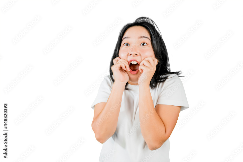 Young woman expressing shocked face in the studio Young woman expressing shocked face in the studio