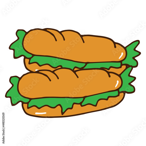 sandwich illustration on white background. fast food icon. bread with lettuce and meat. american food. delicious and fresh. hand drawn vector. doodle art for logo, label, clipart, poster, banner, ads