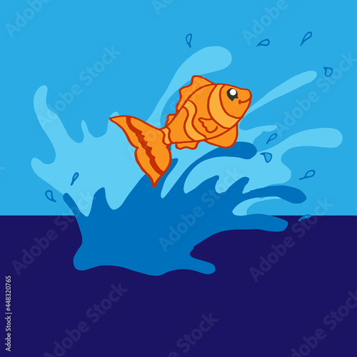 small fish jump into water illustration. orange fish, small and cute. blue sea water. hand drawn vector. animal sea, marine life. doodle art for wallpaper, wall decoration, postcard, card, sticker. 