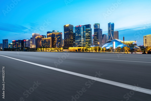 Skyline of Asphalt Pavement and Nightscape of Modern Architectural Landscape