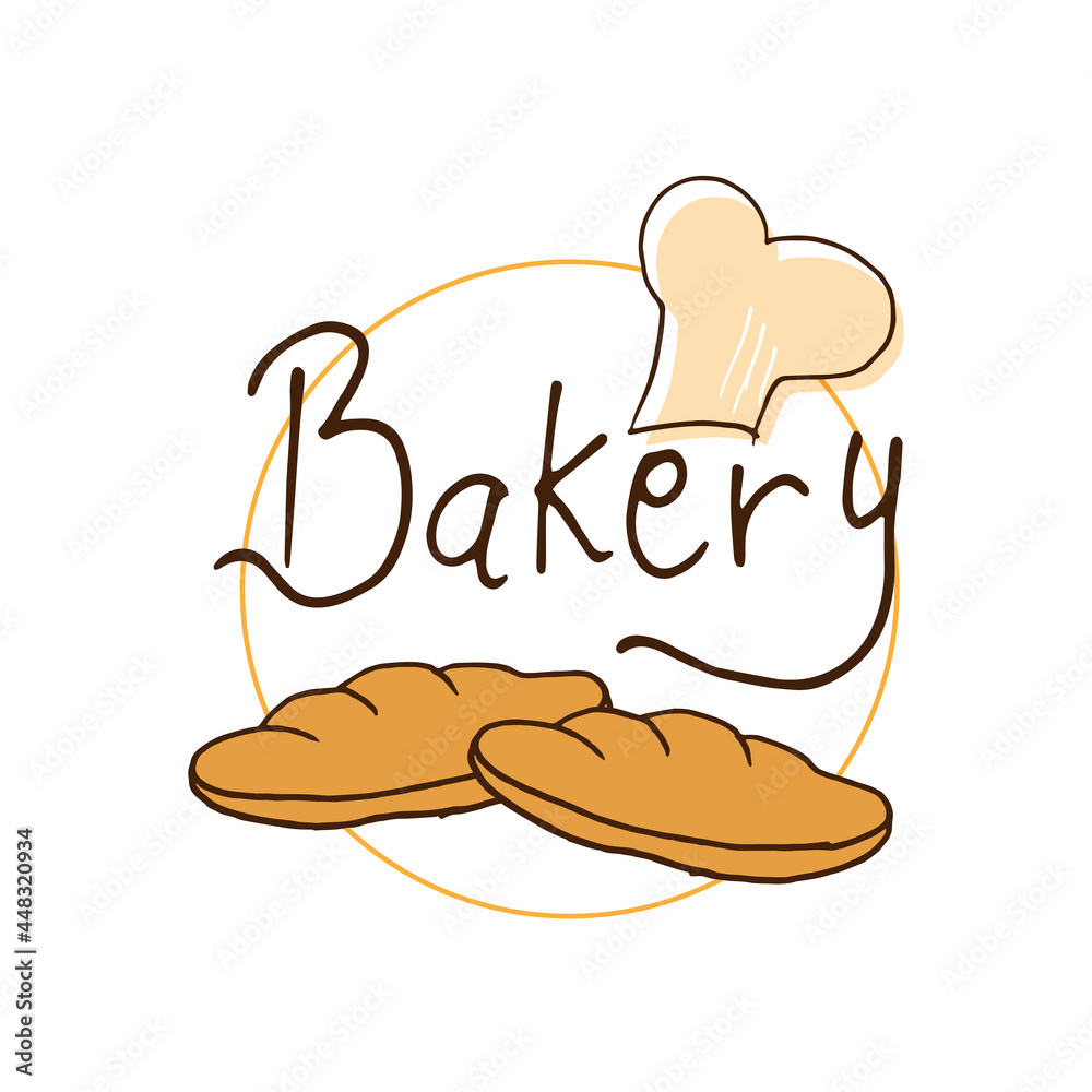 bakery-hand drawn lettering with chef hat, bread and orange circle illustration on white background. doodle art for label, badge, poster, banner, advert, wall decoration. business logo design. bakery-hand drawn lettering with chef hat, bread and orange circle illustration on white background. doodle art for label, badge, poster, banner, advert, wall decoration. business logo design.