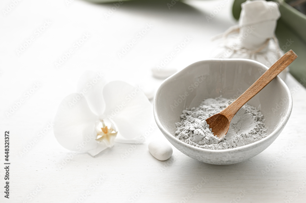 Spa composition with powder face mask and orchid flower. Spa composition with powder face mask and orchid flower.