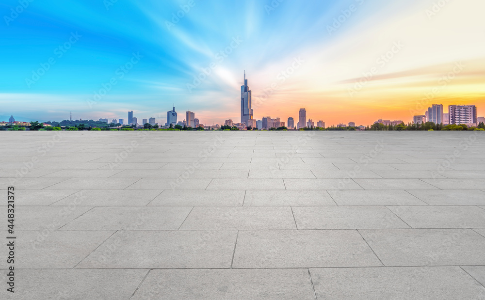Skyline of Brick Pavement and Nanjing Architecture