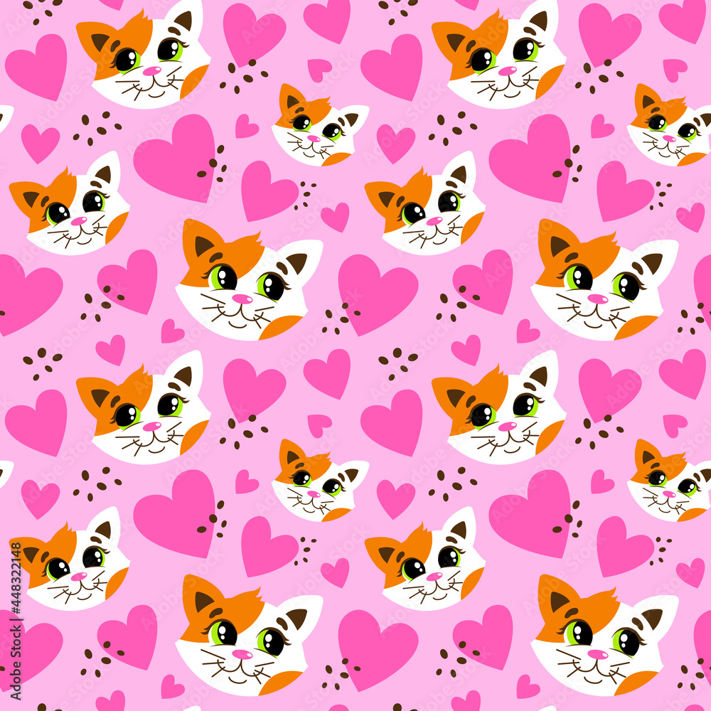 Pattern with a cute cat. Tricolor cat