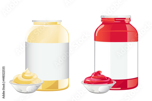 Ketchup and mayonnaise in jar set. Vector illustration in flat cartoon style.