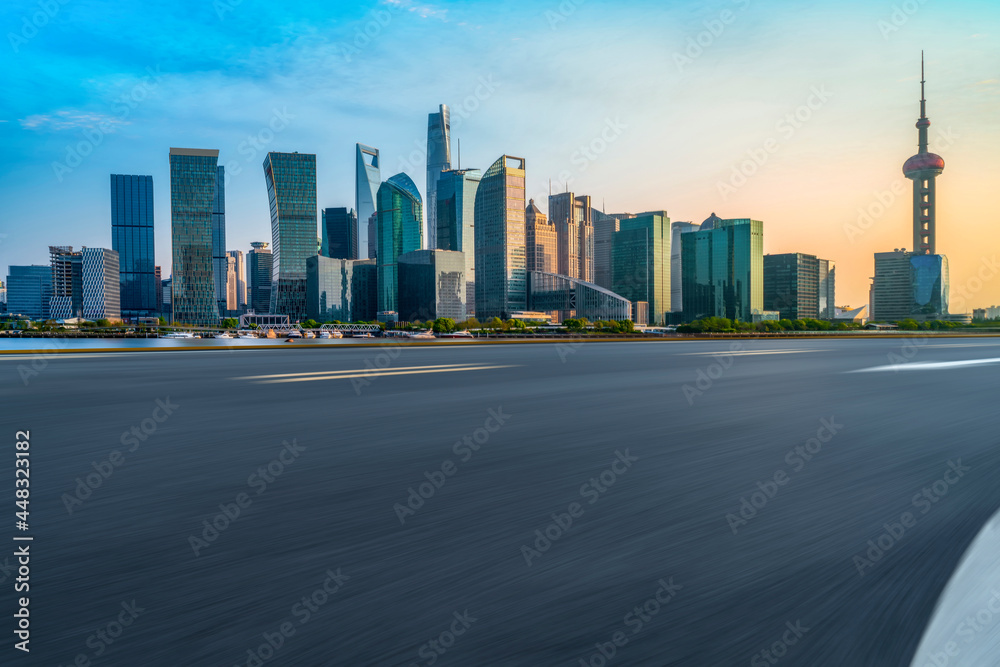 Empty Asphalt Road Through Modern City of Shanghai, China.. Empty Asphalt Road Through Modern City of Shanghai, China..