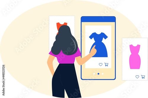 A woman chooses clothes at online store.