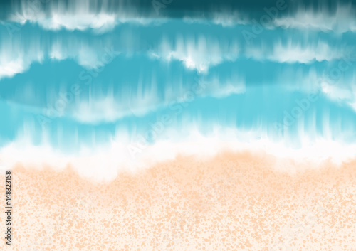 Sand beach with Ocean wave on top view background for summer holiday and marine life concept.