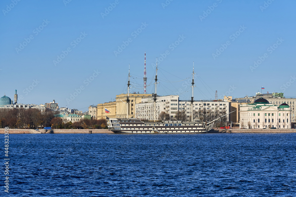 Russia, St. Petersburg, an old sailing ship at the embankment of the Neva river